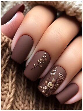 NWT/NIB Chic Brown Matte 3D Gold Floral Press-On Nails Set 24pc Square